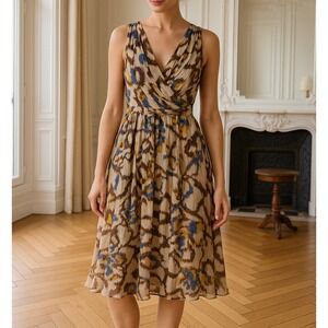 Anne Klein Sz 6‎ Silk Abstract Floral Sleeveless Pleated Midi Dress Beige Blue